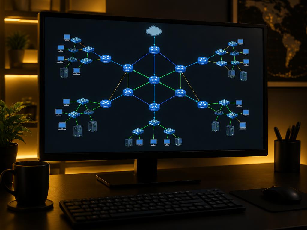 Monitor exibindo topologia de laboratório virtual de redes