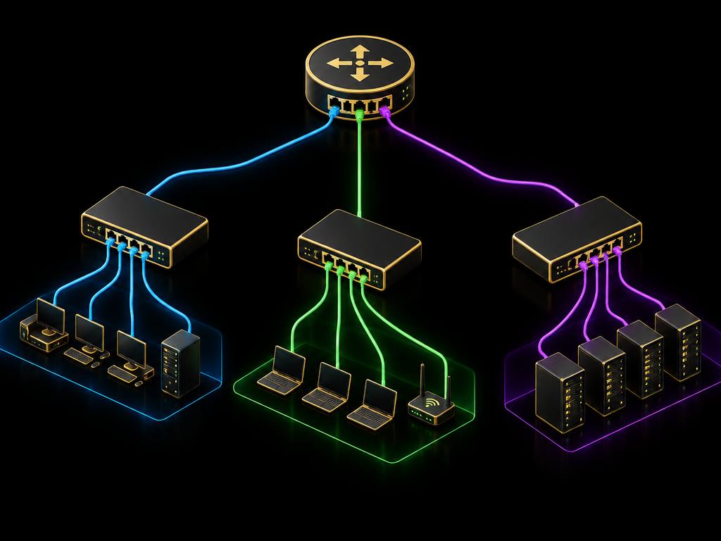 Topologia com roteador e switches separados em segmentos VLAN