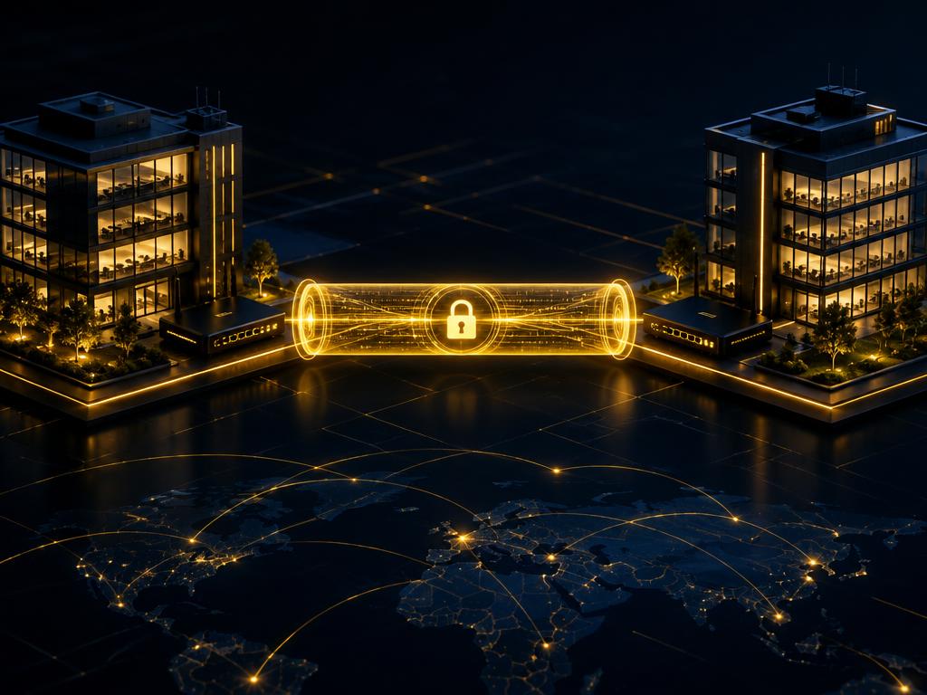 Dois escritórios interligados por um túnel VPN criptografado