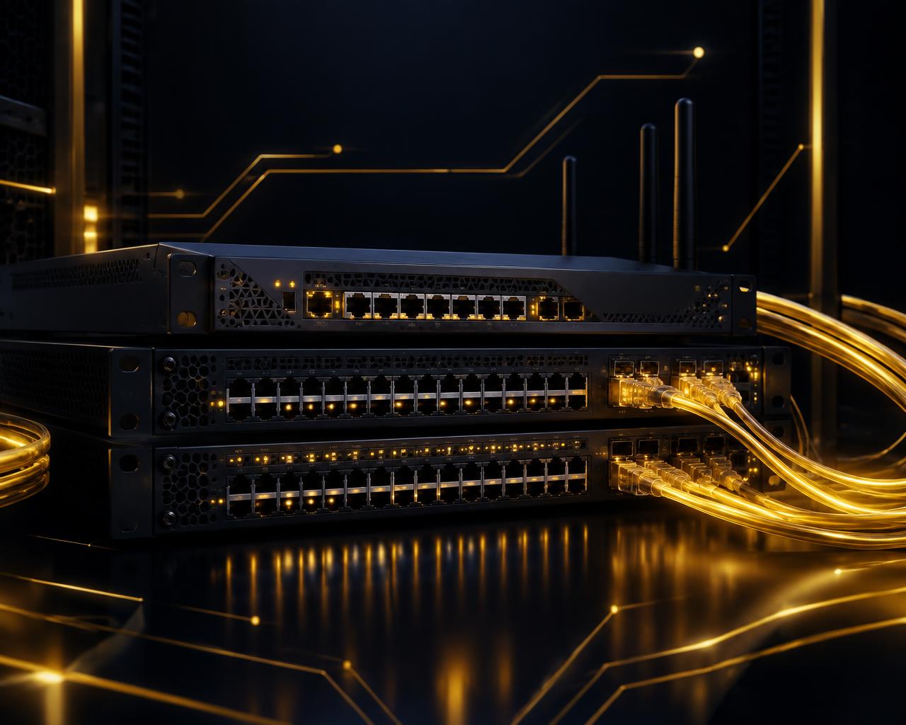 Roteadores e switches conectados por cabos iluminados em dourado